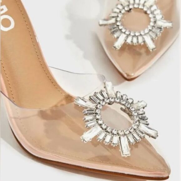 ✨ Stunning Diamond Perspex Heel Mule Nude Patent Clear Lucite Pumps✨ - Picture 1 of 12